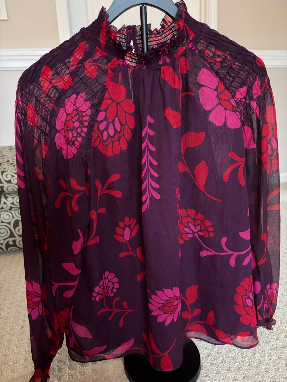 Ann Taylor Burgundy Floral Smocked-Neck Blouse